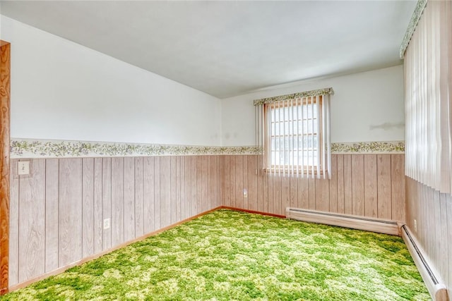 163 Auramar Dr, Irondequoit, NY 14609 - carpeted spare room with a baseboard heating unit, a wainscoted wall, and wood walls