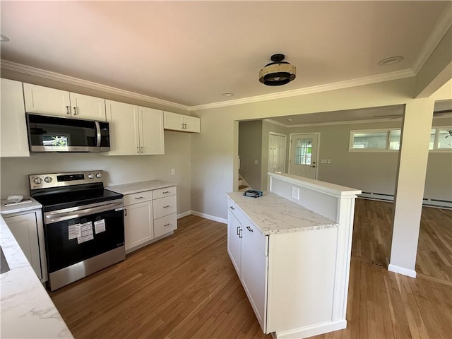 11948 River Rd, Corning, NY 14830 - kitchen with stainless steel appliances, light wood finished floors, white cabinets, ornamental molding, and light stone counters