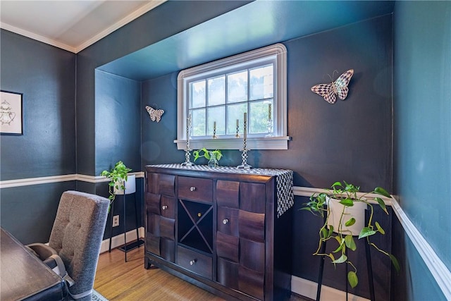 189 Hoover Rd, Irondequoit, NY 14617 - office area featuring wood finished floors and ornamental molding