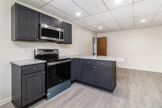 1570 Mount Hope Ave, Rochester, NY 14620 - kitchen with appliances with stainless steel finishes, a peninsula, light wood-style flooring, a drop ceiling, and recessed lighting