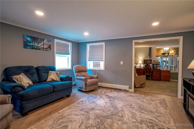 117 Colony St, Lancaster, NY 14043 - living room featuring a baseboard radiator, wood finished floors, ornamental molding, cooling unit, and recessed lighting