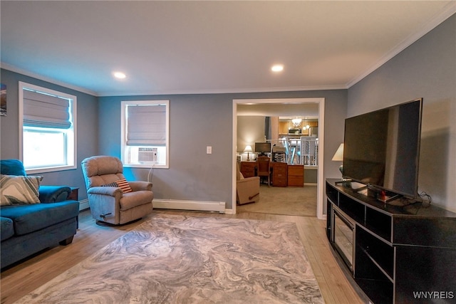 117 Colony St, Lancaster, NY 14043 - living area with ornamental molding, baseboard heating, light wood-style floors, cooling unit, and recessed lighting