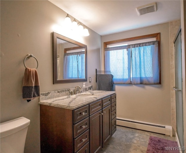 117 Colony St, Lancaster, NY 14043 - bathroom with a baseboard heating unit, vanity, and an enclosed shower