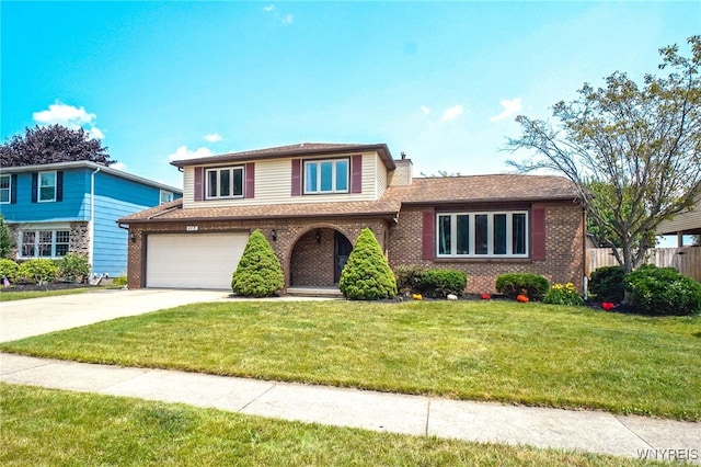 117 Colony St, Lancaster, NY 14043 - tri-level home featuring an attached garage, concrete driveway, brick siding, and a chimney