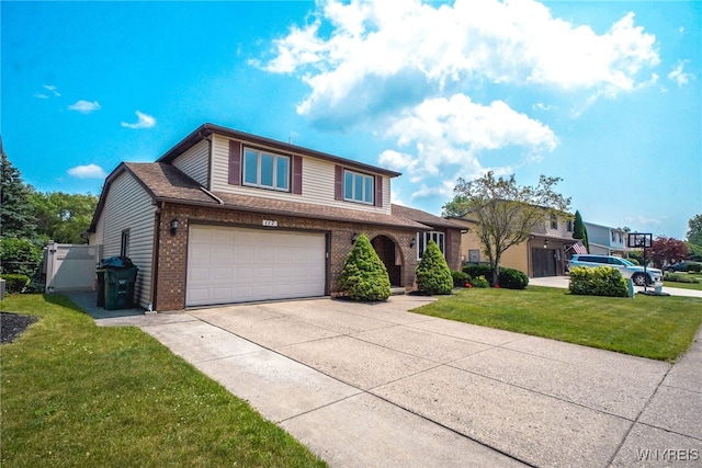 117 Colony St, Lancaster, NY 14043 - traditional-style home with driveway, an attached garage, a front lawn, and brick siding