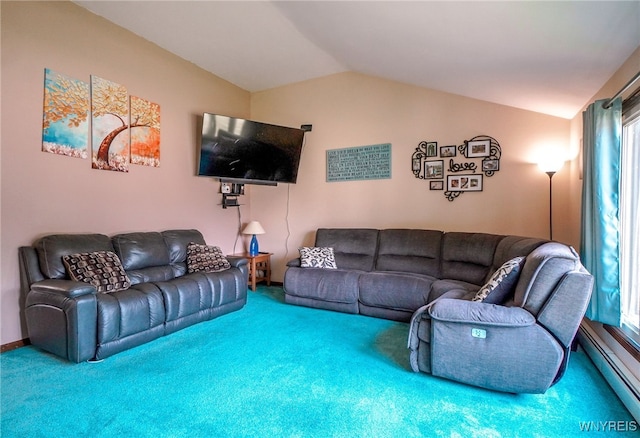 117 Colony St, Lancaster, NY 14043 - living area featuring vaulted ceiling, baseboard heating, and carpet flooring