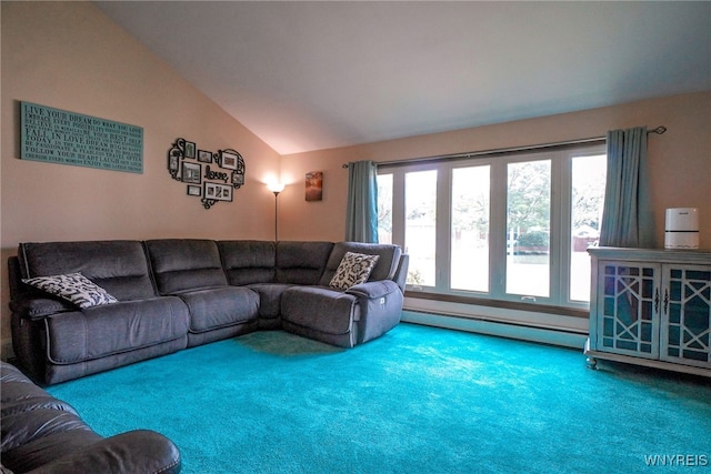 117 Colony St, Lancaster, NY 14043 - living area with baseboard heating, lofted ceiling, and carpet flooring