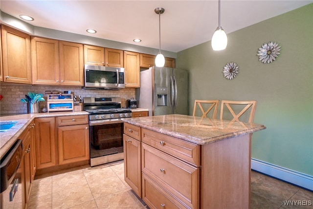 117 Colony St, Lancaster, NY 14043 - kitchen featuring stainless steel appliances, baseboard heating, decorative backsplash, a center island, and hanging light fixtures