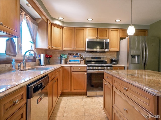 117 Colony St, Lancaster, NY 14043 - kitchen featuring stainless steel appliances, decorative backsplash, light stone counters, decorative light fixtures, and recessed lighting