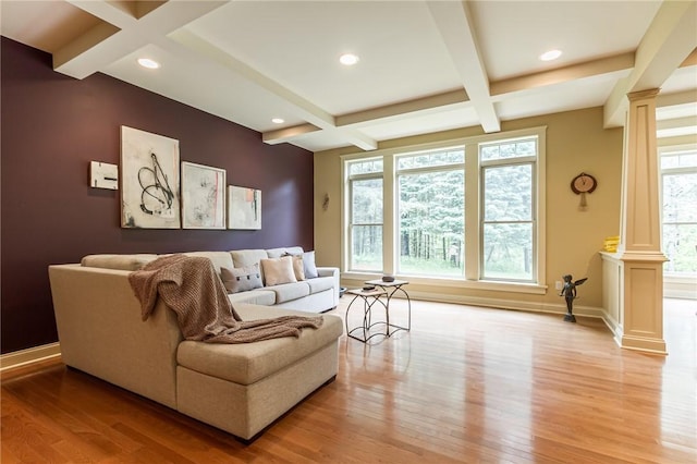 1537 Cranberry Pond, Victor, NY 14564 - living room with decorative columns, coffered ceiling, light wood finished floors, beamed ceiling, and recessed lighting