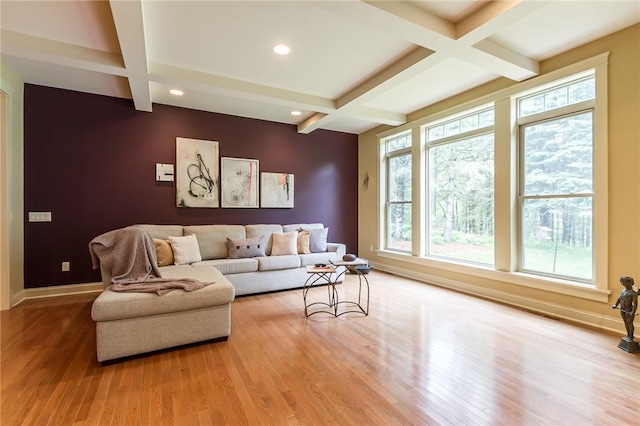 1537 Cranberry Pond, Victor, NY 14564 - living area featuring coffered ceiling, healthy amount of natural light, wood finished floors, beam ceiling, and recessed lighting