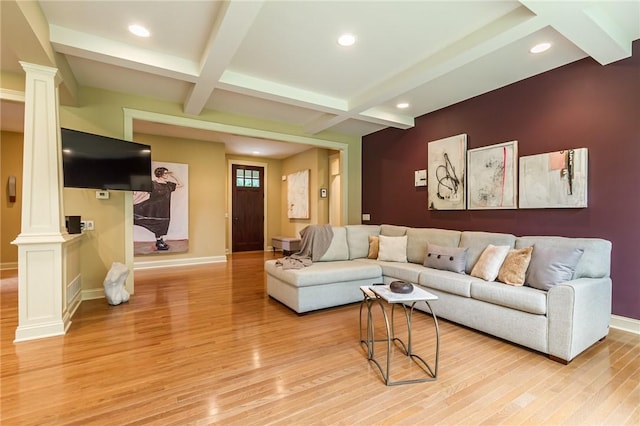 1537 Cranberry Pond, Victor, NY 14564 - living room with ornate columns, light wood finished floors, coffered ceiling, beamed ceiling, and recessed lighting