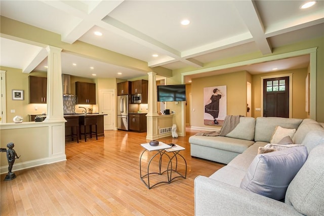 1537 Cranberry Pond, Victor, NY 14564 - living room featuring decorative columns, coffered ceiling, beamed ceiling, light wood-style floors, and recessed lighting