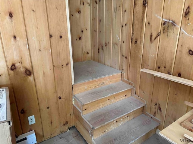 108 Linlyco Lake Rd, New Albion, NY 14719 - staircase with wooden walls and a relaxing sauna