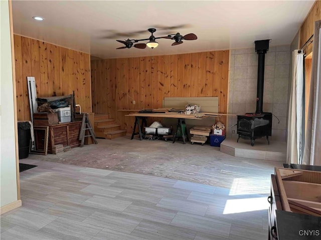 108 Linlyco Lake Rd, New Albion, NY 14719 - office space with a wood stove and wooden walls