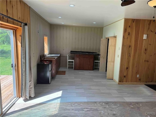 108 Linlyco Lake Rd, New Albion, NY 14719 - kitchen with wood walls, recessed lighting, and a ceiling fan