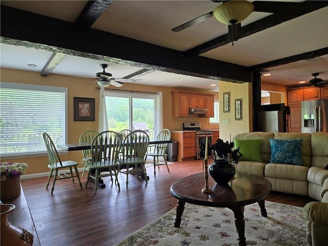 4197 County Highway 26, Colchester, NY 13782 - living room with ceiling fan, wood finished floors, and beam ceiling