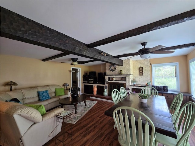 4197 County Highway 26, Colchester, NY 13782 - living area featuring ceiling fan, wood finished floors, beam ceiling, and a fireplace