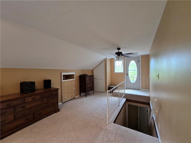 4197 County Highway 26, Colchester, NY 13782 - staircase with carpet floors, lofted ceiling, and ceiling fan