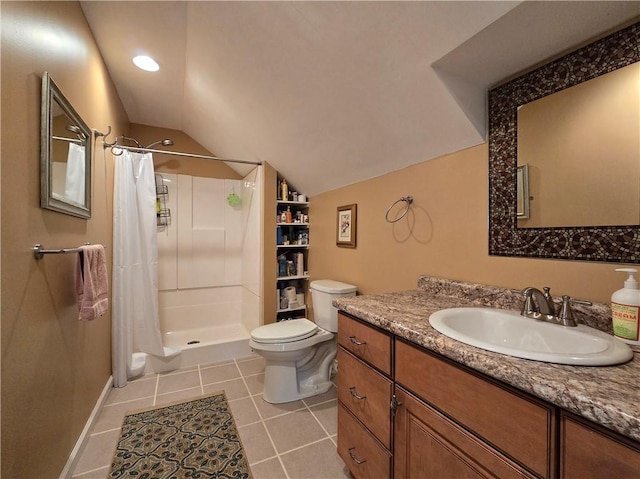 4197 County Highway 26, Colchester, NY 13782 - bathroom featuring lofted ceiling, vanity, a shower with curtain, and tile patterned floors