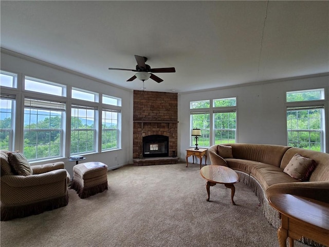 4197 County Highway 26, Colchester, NY 13782 - living area featuring a ceiling fan, plenty of natural light, light colored carpet, and a large fireplace