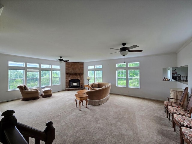 4197 County Highway 26, Colchester, NY 13782 - living room featuring carpet flooring, a ceiling fan, a brick fireplace, and crown molding