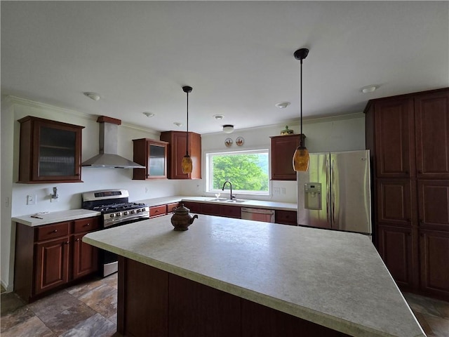 4197 County Highway 26, Colchester, NY 13782 - kitchen featuring appliances with stainless steel finishes, wall chimney exhaust hood, light countertops, decorative light fixtures, and glass insert cabinets