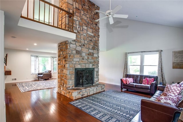 47 Stonington Dr, Pittsford, NY 14534 - living area featuring ceiling fan, a fireplace, a high ceiling, and hardwood / wood-style flooring