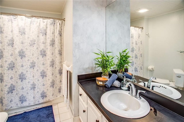 47 Stonington Dr, Pittsford, NY 14534 - full bathroom with vanity, crown molding, tile patterned floors, and a shower with shower curtain