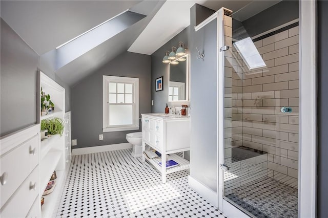 142 Holloway Rd, Brighton, NY 14610 - bathroom with vanity, a tile shower, lofted ceiling, and a skylight