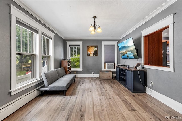 39 Colonial Ave, Lancaster, NY 14086 - living area featuring wood finished floors, a chandelier, ornamental molding, and cooling unit