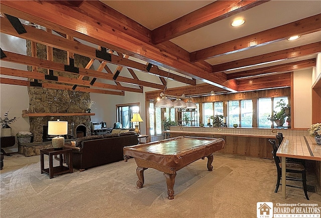 24 W 2nd St, Westfield, NY 14787 - game room with beamed ceiling, a stone fireplace, billiards, light colored carpet, and plenty of natural light