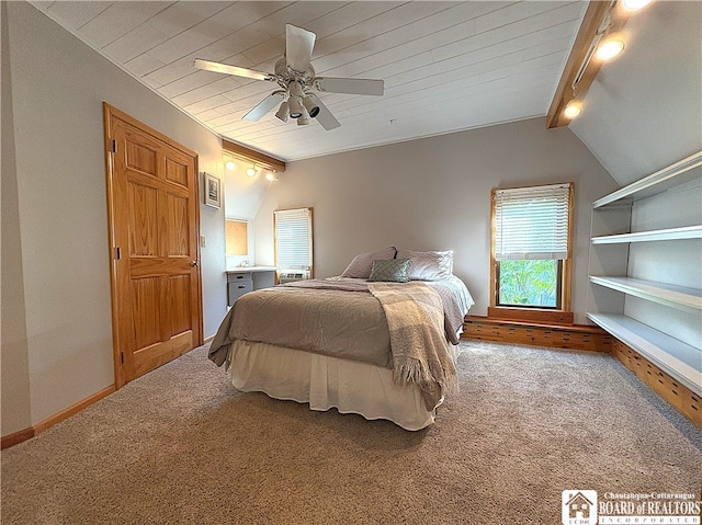 24 W 2nd St, Westfield, NY 14787 - carpeted bedroom with track lighting, wooden ceiling, and ceiling fan
