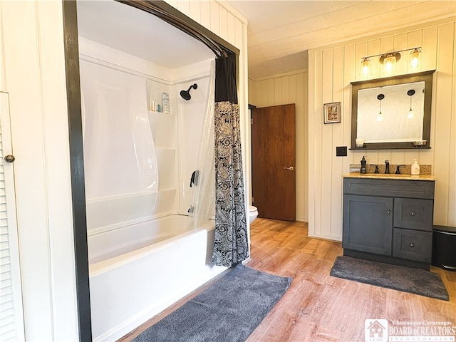 24 W 2nd St, Westfield, NY 14787 - full bathroom featuring shower / bathtub combination with curtain, wood finished floors, and vanity