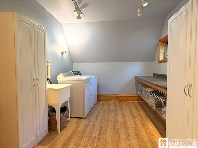 24 W 2nd St, Westfield, NY 14787 - laundry room featuring rail lighting, separate washer and dryer, and light wood finished floors