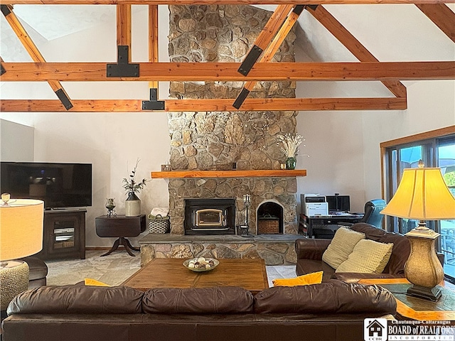 24 W 2nd St, Westfield, NY 14787 - living room featuring high vaulted ceiling, beam ceiling, and a fireplace