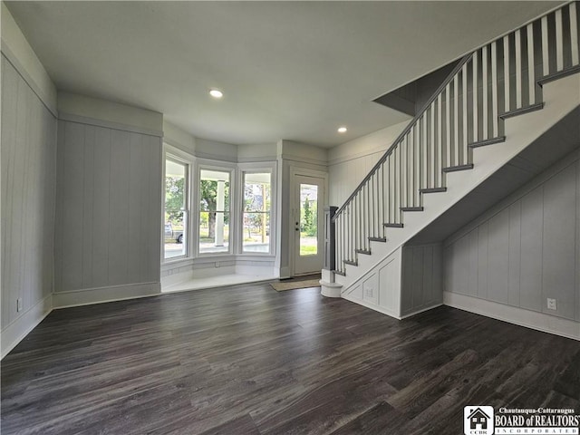 901 W Henley St, Olean, NY 14760 - entryway featuring a decorative wall, dark wood-style flooring, stairway, and recessed lighting