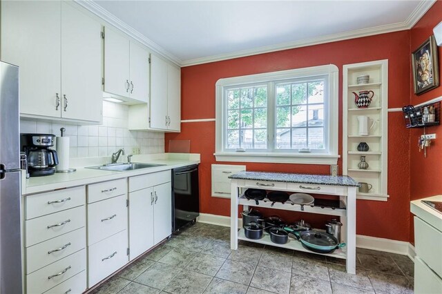 54 Covington Rd, Irondequoit, NY 14617 - kitchen with dishwasher, white cabinets, light countertops, ornamental molding, and tasteful backsplash
