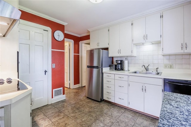 54 Covington Rd, Irondequoit, NY 14617 - kitchen featuring freestanding refrigerator, dishwasher, extractor fan, white cabinetry, and light countertops