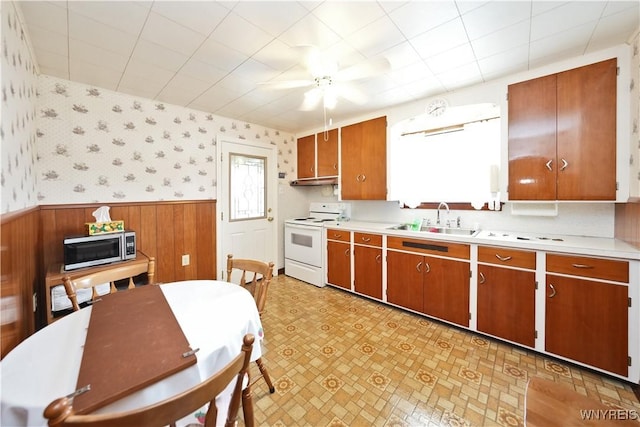 6167 N Whitham Dr, Niagara, NY 14304 - kitchen with white electric stove, stainless steel microwave, wainscoting, light countertops, and a ceiling fan
