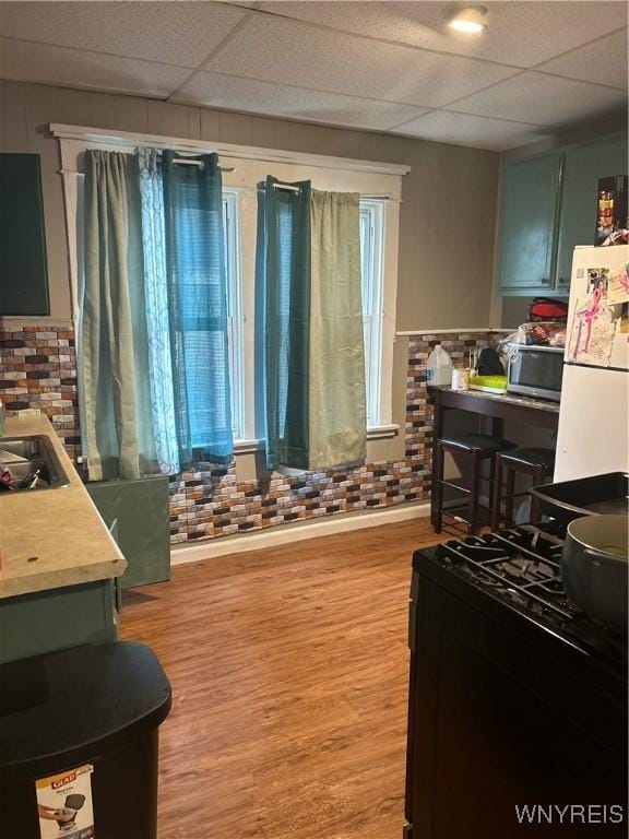 50 Hubbell Ave, Buffalo, NY 14220 - kitchen with black gas range oven, stainless steel microwave, light wood finished floors, a drop ceiling, and freestanding refrigerator