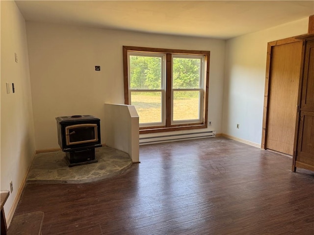 672 Backus Rd, New Lisbon, NY 13415 - unfurnished living room featuring baseboard heating, dark wood-style flooring, and a wood stove