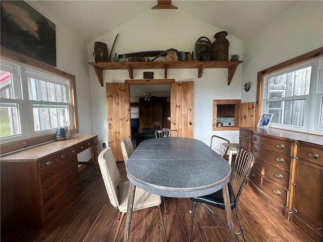 672 Backus Rd, New Lisbon, NY 13415 - dining space with dark wood-type flooring and lofted ceiling
