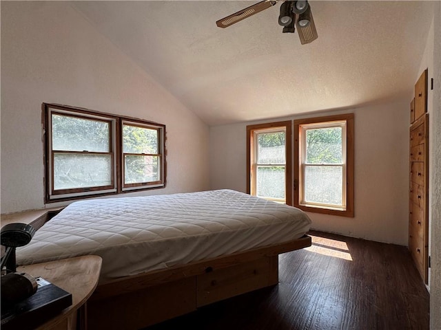 672 Backus Rd, New Lisbon, NY 13415 - bedroom featuring dark wood-style flooring, lofted ceiling, multiple windows, and ceiling fan