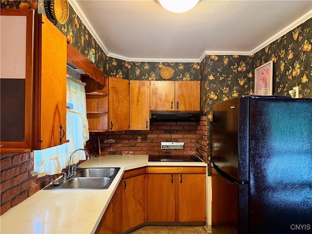 154 Fiscoe Ave, Syracuse, NY 13205 - kitchen with black appliances, extractor fan, light countertops, crown molding, and open shelves