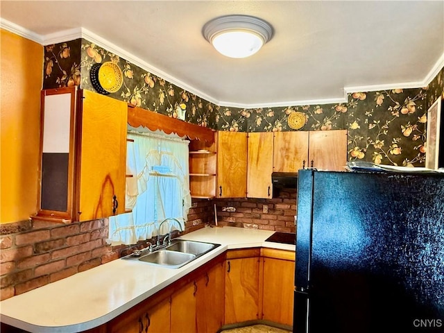 154 Fiscoe Ave, Syracuse, NY 13205 - kitchen featuring freestanding refrigerator, ornamental molding, light countertops, and open shelves
