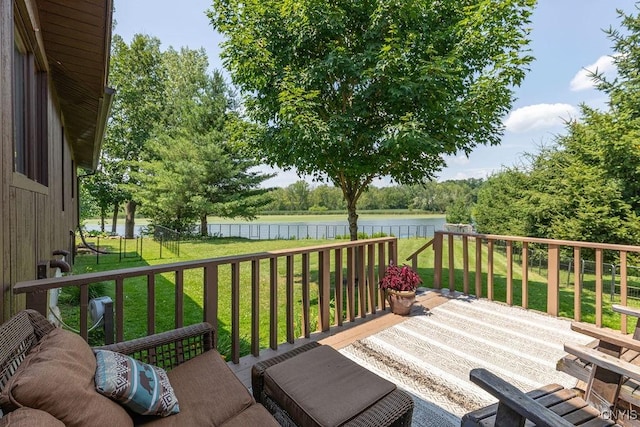 117 Shoreview Dr, Clay, NY 13090 - wooden terrace with a water view and a fenced backyard
