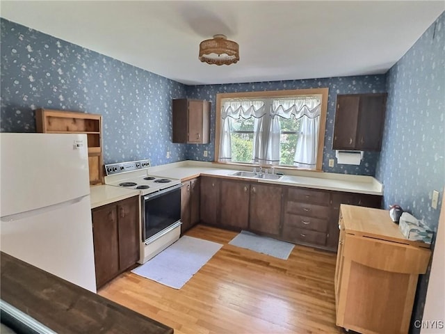 313 Chestnut St, Oswego, NY 13126 - kitchen featuring white appliances, wallpapered walls, light wood finished floors, dark brown cabinetry, and open shelves