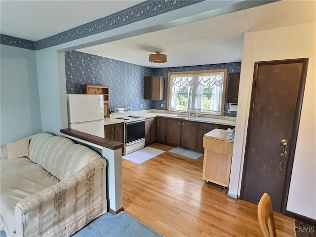 313 Chestnut St, Oswego, NY 13126 - kitchen with white appliances, wallpapered walls, light wood finished floors, light countertops, and dark brown cabinets
