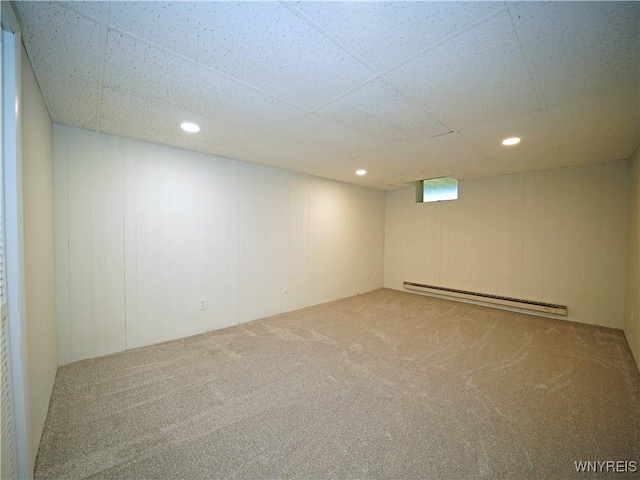 213 Bradshaw Rd, Dryden, NY 13053 - below grade area featuring a baseboard heating unit, carpet floors, and recessed lighting